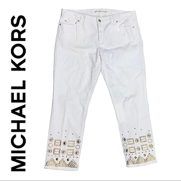 Michael Kors Denim - MICHAEL KORS: Stud Jewel Embellished White Jeans - Size 12